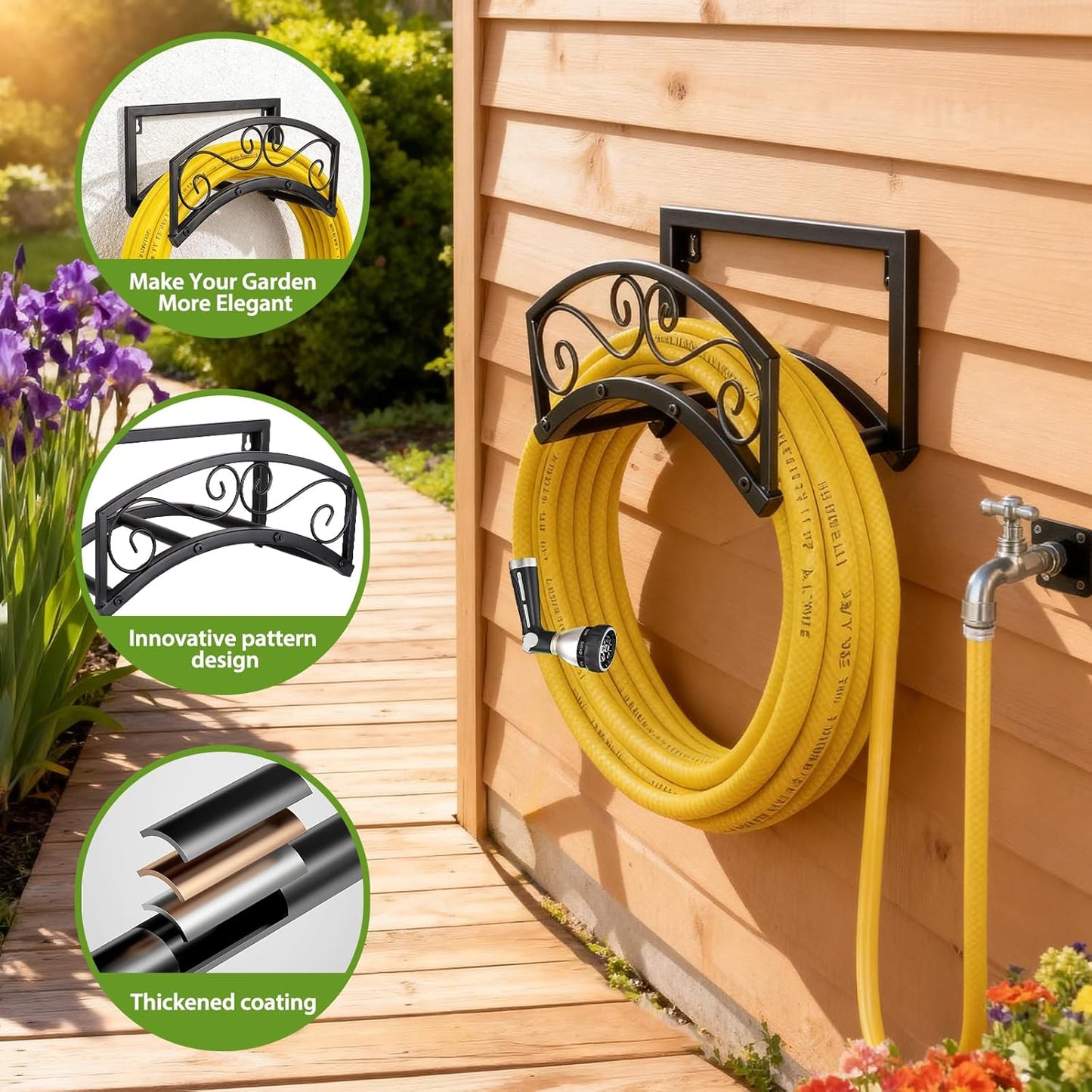 BOLITE Garden Hose Holder Wall Mount, Heavy Duty Metal Water Hose Holder for Outside, Hose Storage Holds 150FT Water Pipe for Yard, Lawn, Garden, Farm, Gifts for Women Men