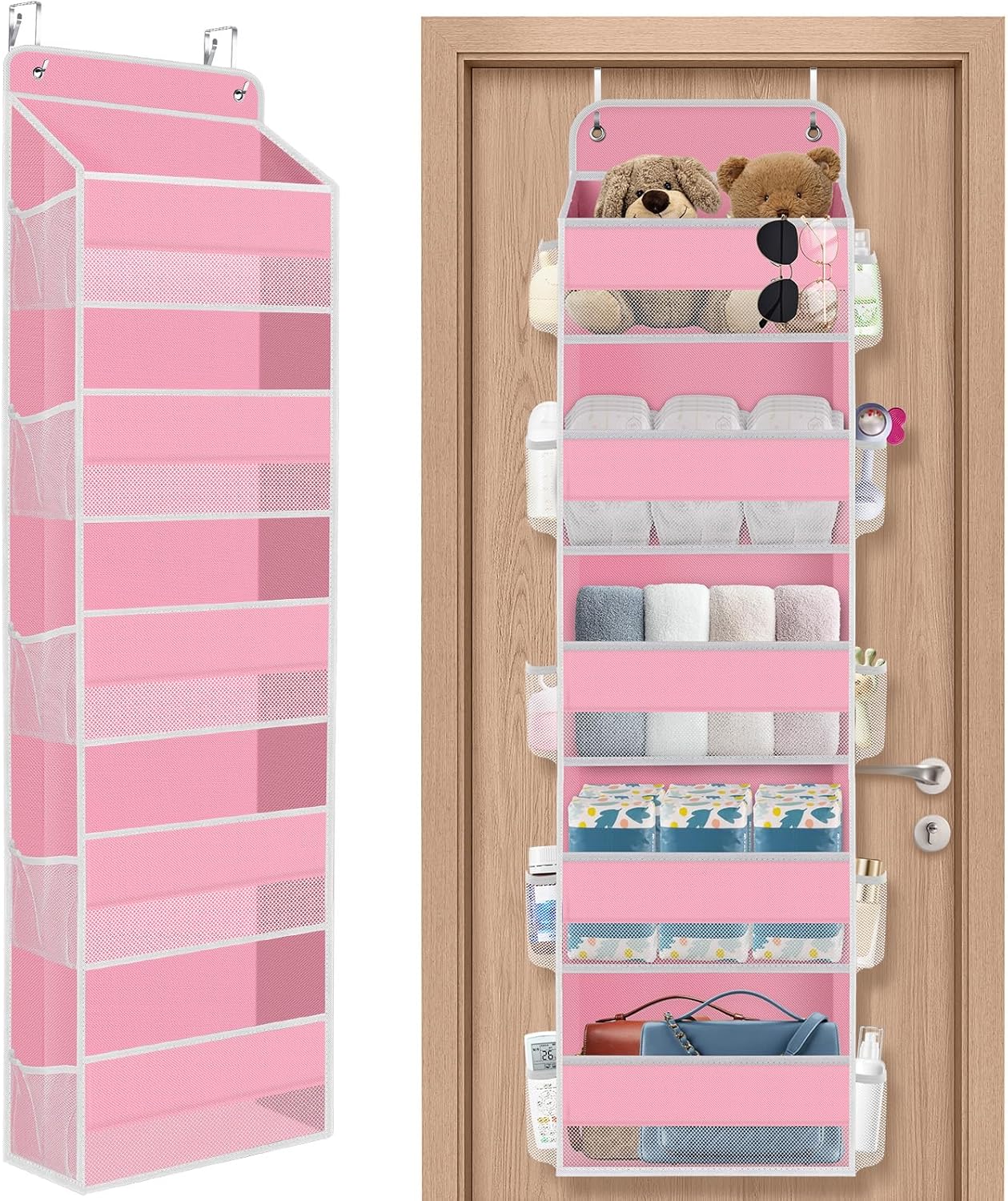 5-Tier Over The Door Organizer Hanging Storage Organizers with Clear Window 40lb Large Capacity Room Organizer for Pantry Bathroom Nursery Closet(Pink)