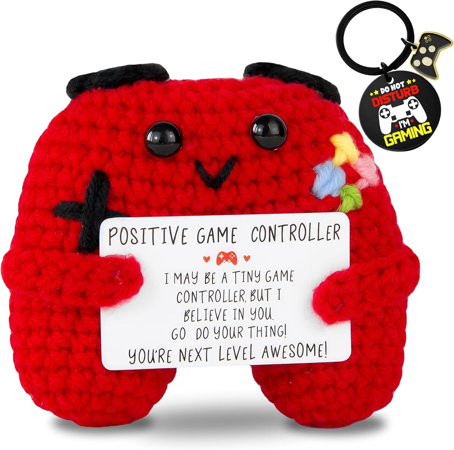 Gamer Gifts Positive Crochet Game Controller and Inspirational Keychain, Unique Teenage Boy Gifts Idea, Gaming Gift Set with Gamer Keychain, Birthday Gift Emotional Support Crochet for Game Lovers