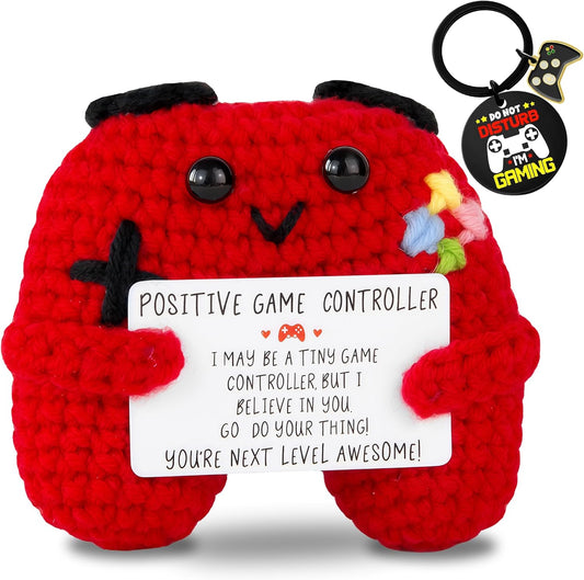 Gamer Gifts Positive Crochet Game Controller and Inspirational Keychain, Unique Teenage Boy Gifts Idea, Gaming Gift Set with Gamer Keychain, Birthday Gift Emotional Support Crochet for Game Lovers