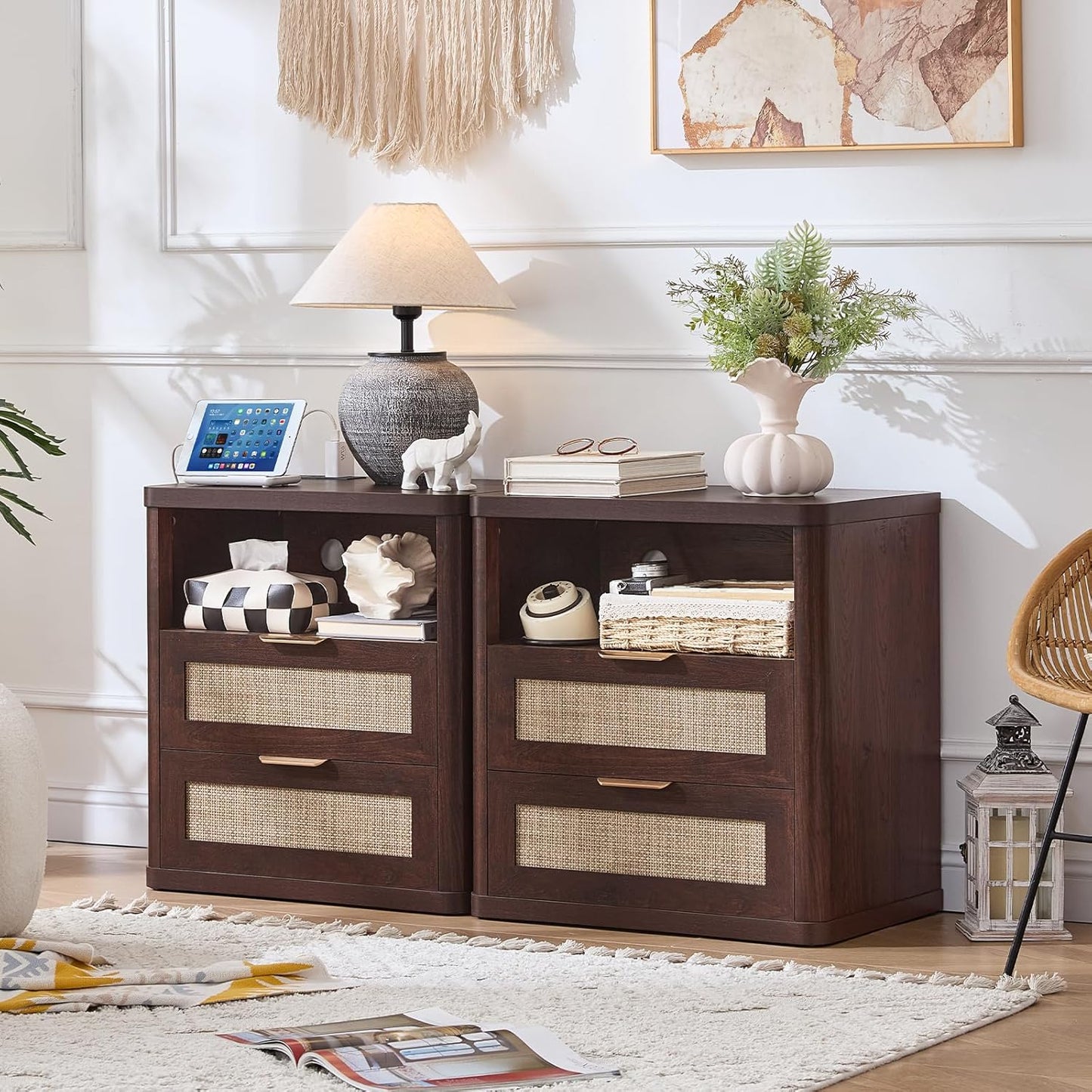 LEYAOYAO Rattan Nightstands with Charger Station, 23" Wide Boho Night Stand with 2 Drawers, Bedside Table Open Shlef, Bed Side End Table Dresser for Bedroom, Living Room Hallway, Walnut