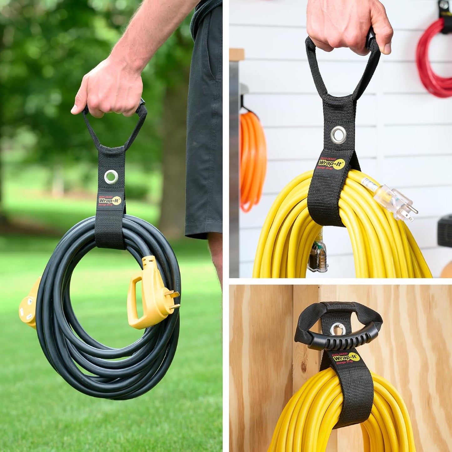 Easy-Carry Wrap-It Storage Straps - 17" (2-Pack) Black with Grommet - Extension Cord Organizer with a Handle for Cable and Hose Storage
