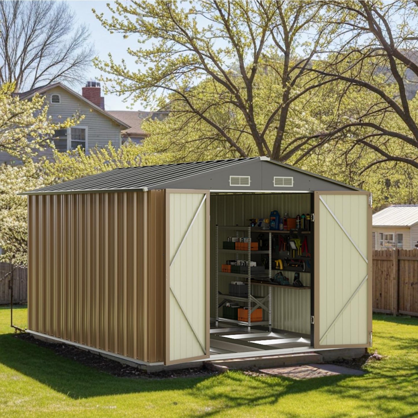 Patiowell 8x10 FT Outdoor Storage Shed with Floor Frame, Large Garden Tool Metal Shed with Sloping Roof and Double Lockable Door, Outdoor Shed for Backyard Garden Patio Lawn,Brown