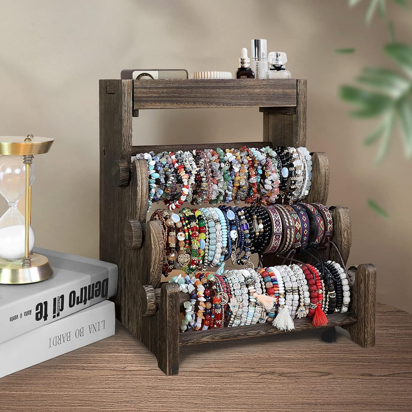 LadyRosian 4 Tier Wooden Bracelet Holder, Bangle Watch Necklace Display Storage Jewelry Holder Stand Display Organizer (Brown-box)