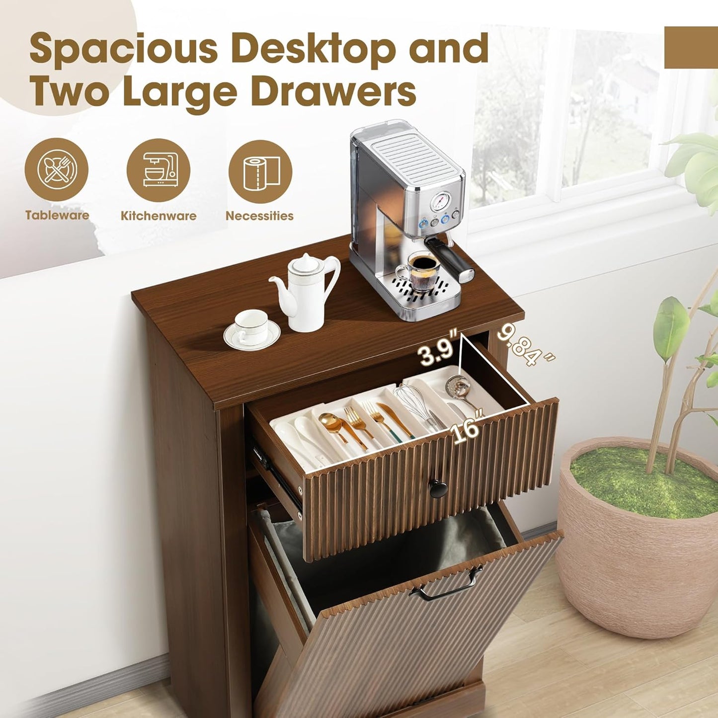Grepatio Tilt Out Fluted Laundry Hamper Cabinet, 11 Gallon Hidden Laundry Hamper, Wooden Trash Can Cabinets with Drawer, Modern Garbage Can Cabinet for Bathroom, Kitchen, Living Room (Brown, Single)