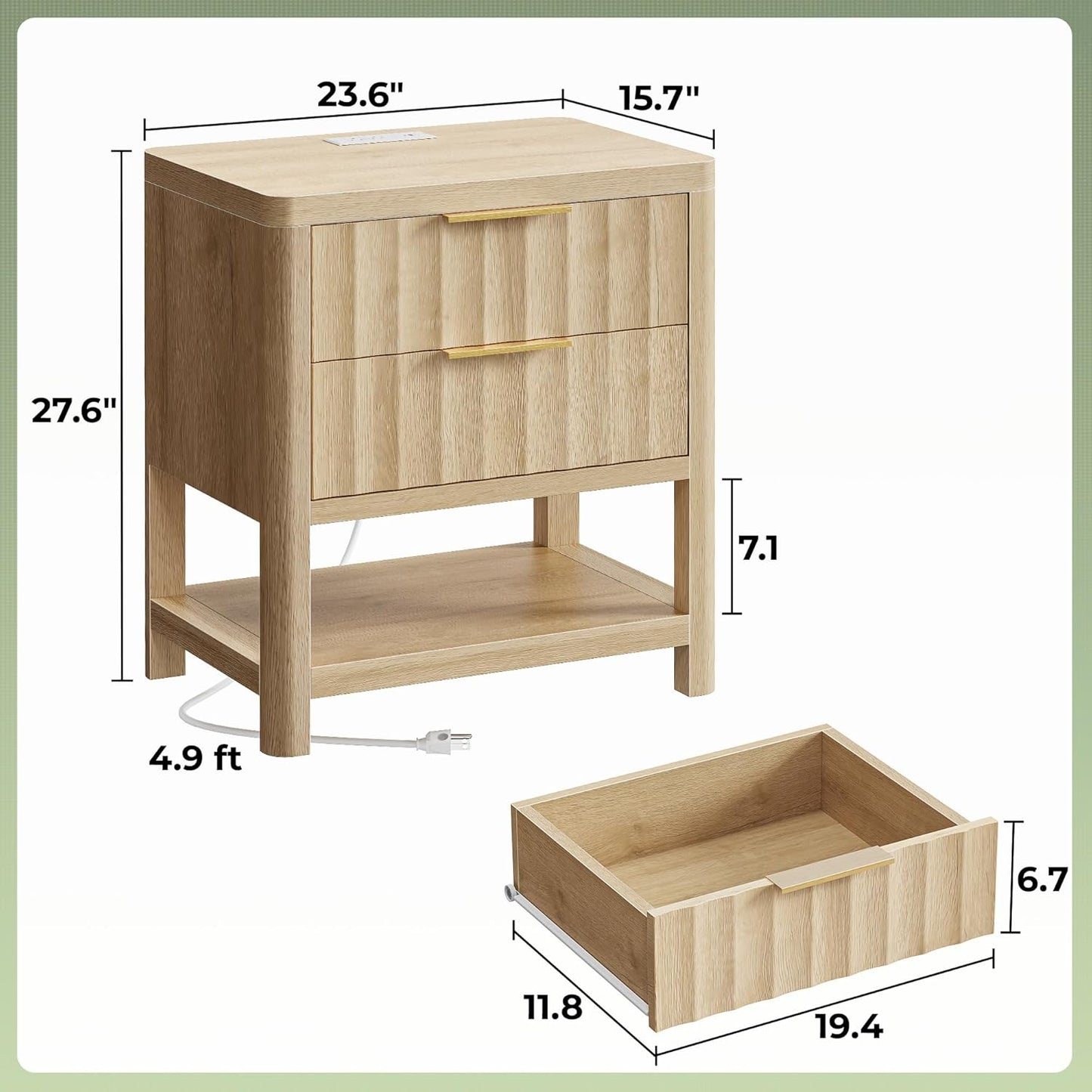 Huuger 27.6 Inch Tall Night Stands with Charger Station, USB-C Port, Fluted Nightstand Set of 2, Larger Wider Bed Side Table with 2 Deep Drawers, Open Shelf, Bedroom Living Room End Table, Natural