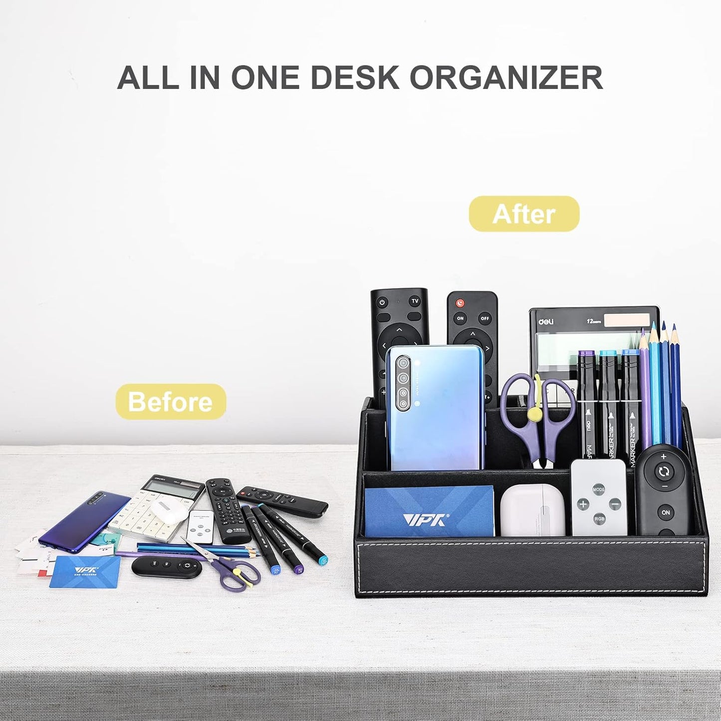KINGFOM Pu Leather Desk Organizer with 5 Compartments Holder, Multi-Functional Office Supplies Storage Caddy for Pen/Pencil, Phones, Remote Controller and Desktop Accessorie Black