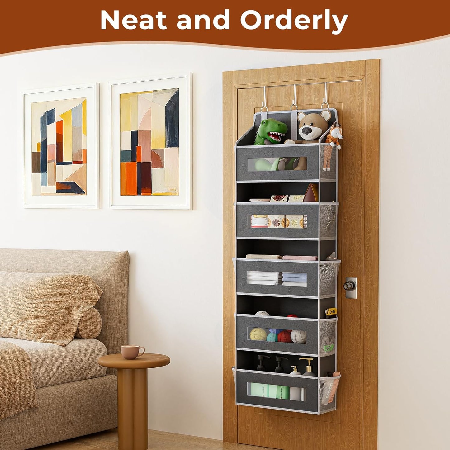 2 Packs 5-Tier Over the Door Organizer with 10 Side Mesh Pockets, 48 lbs Load Capacity, 3 Hooks Design, Hanging Storage Organizer with Clear Windows for Bathroom, Bedroom, Nursery, Kitchen-Grey