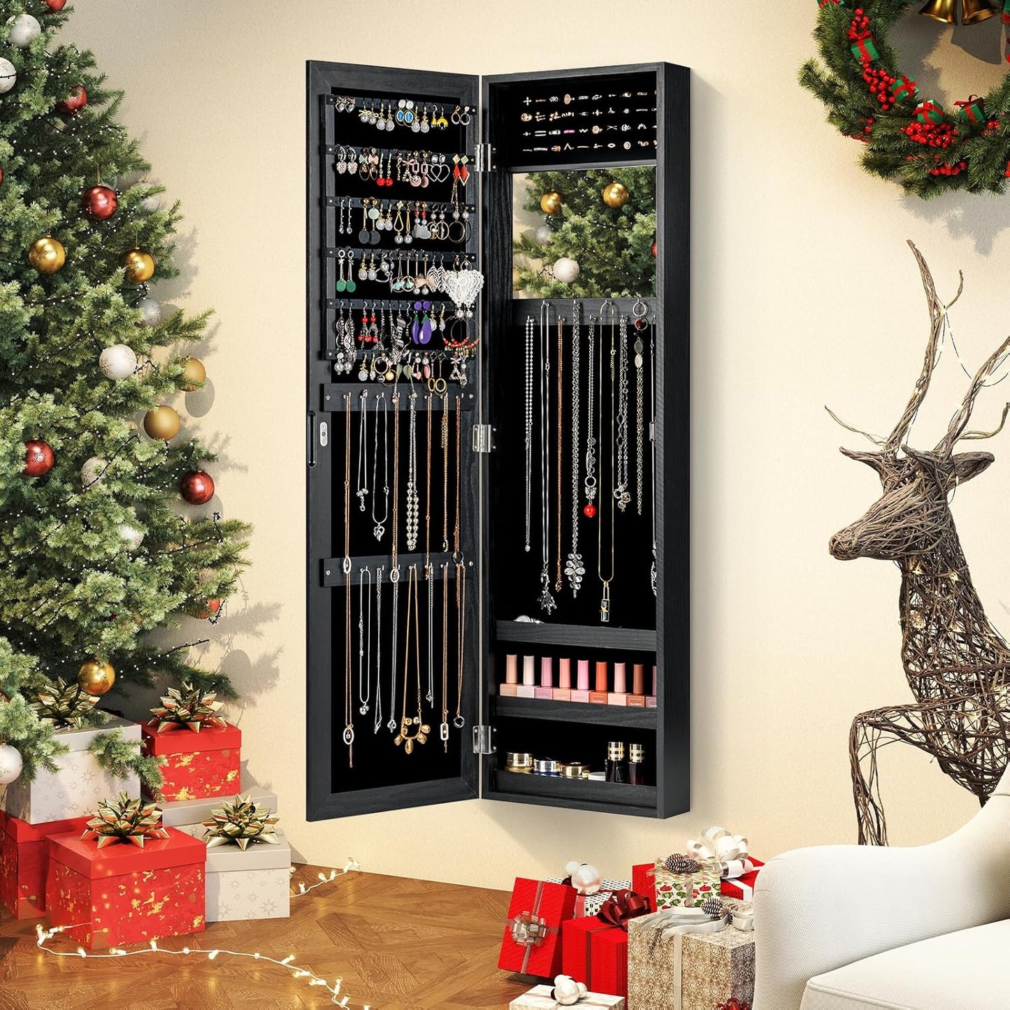 Giantex Wall Mounted Jewelry Cabinet with Full Length Mirror, Over The Door Jewelry Armoire Organizer with Large Storage, Makeup Mirror & Velvet Lining (Black)