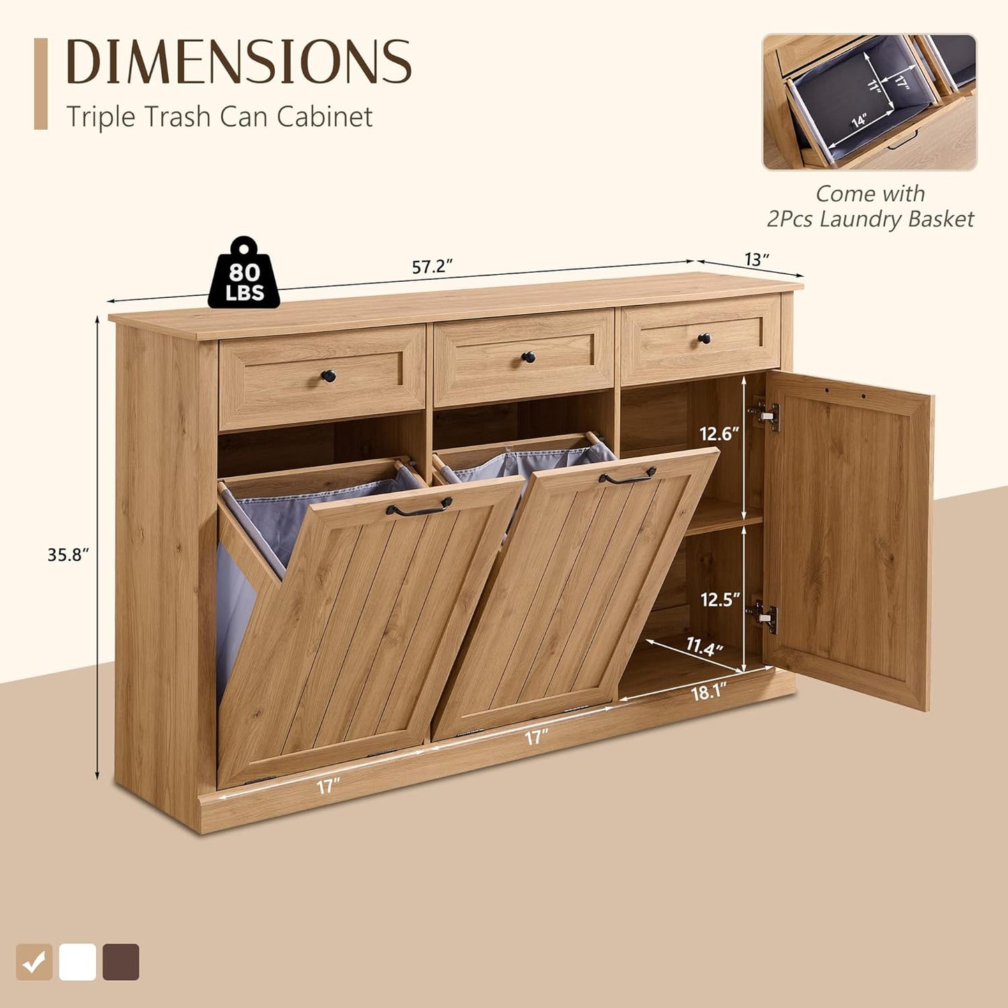 Triple Tilt Out Trash Can Cabinet, 20 Gallon Farmhouse Laundry Hamper Cabinet w/3 Drawers & Adjustable Shelf, Hidden Wooden Trash Can Cabinets with Storage Basket for Kitchen (Natural)