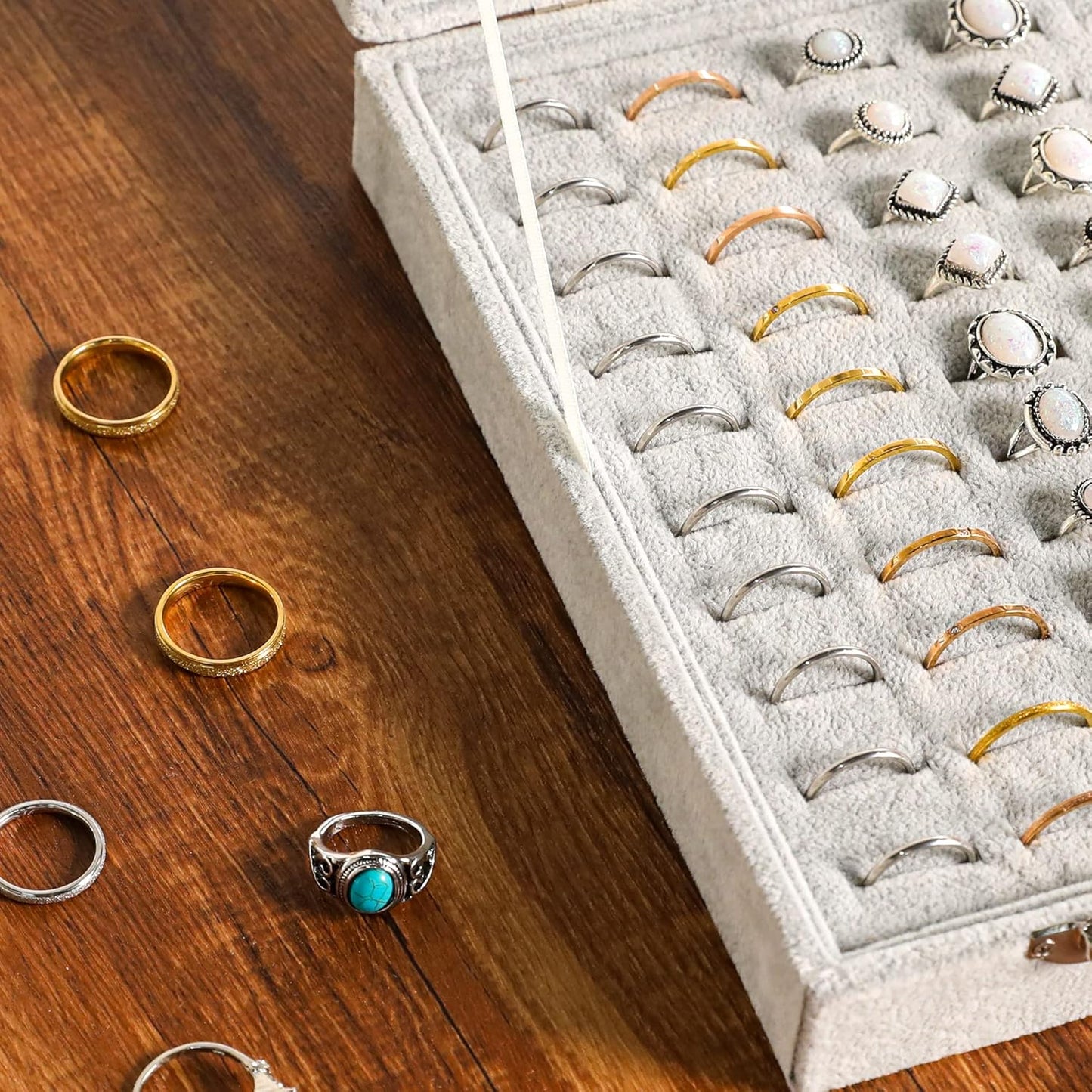 Frebeauty Ring Organizer Tray 100 Slots Ring Holder with Clear Lid Velvet Storage Box Jewelry Tray for Jewelry Store Earring Display Case for Jewelry Show Studs Box for Women(Grey)