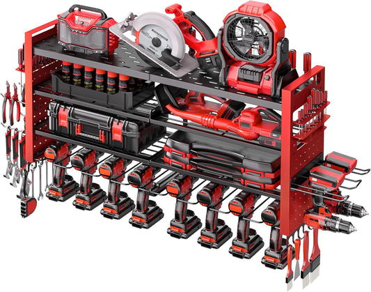 Heavy Duty Power Tool Organizer Wall Mount,Garage Organization with 10 Drill Holder, 4 Layers Tool Organizers and Storage for Workshop,Red