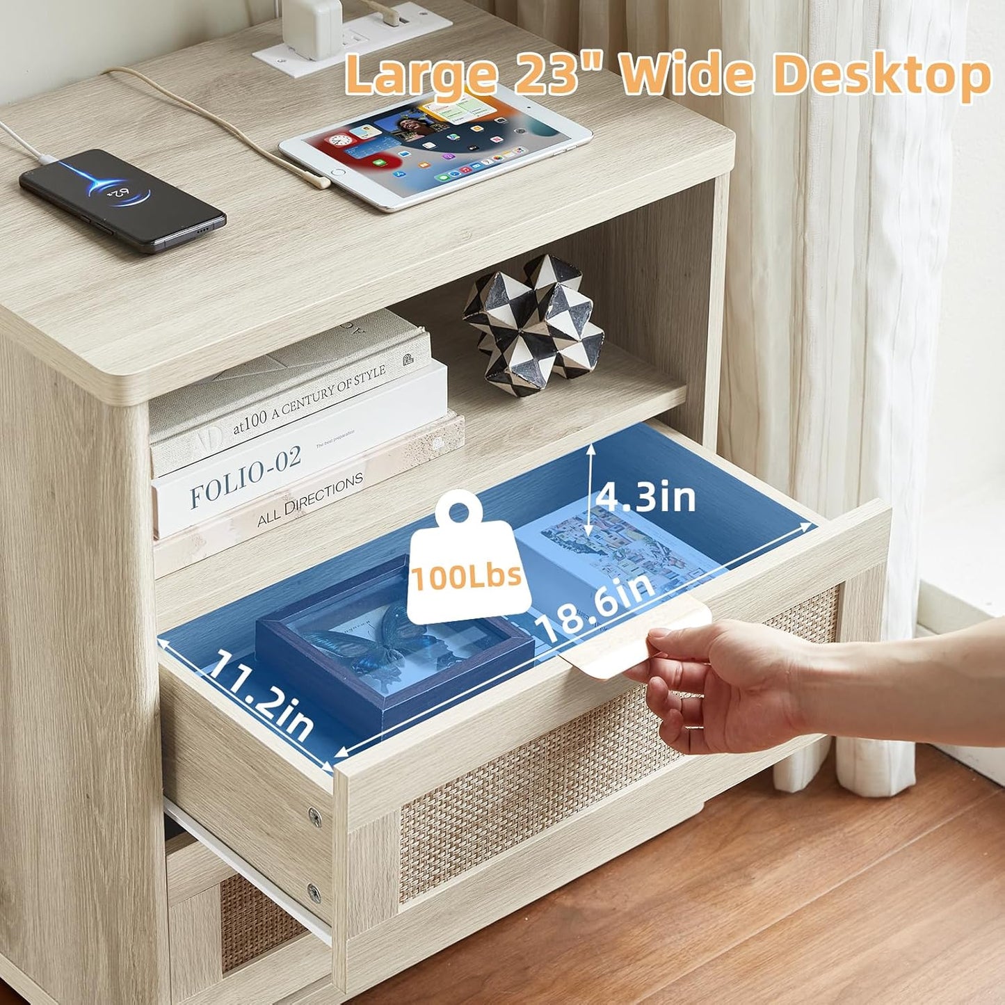 LEYAOYAO Rattan Nightstands Set of 2 with Charger Station, 23" Wide Boho Night Stand with 2 Drawers, Grey White Bedside Table Open Shlef, Bed Side End Table Dresser for Bedroom, Living Room Hallway