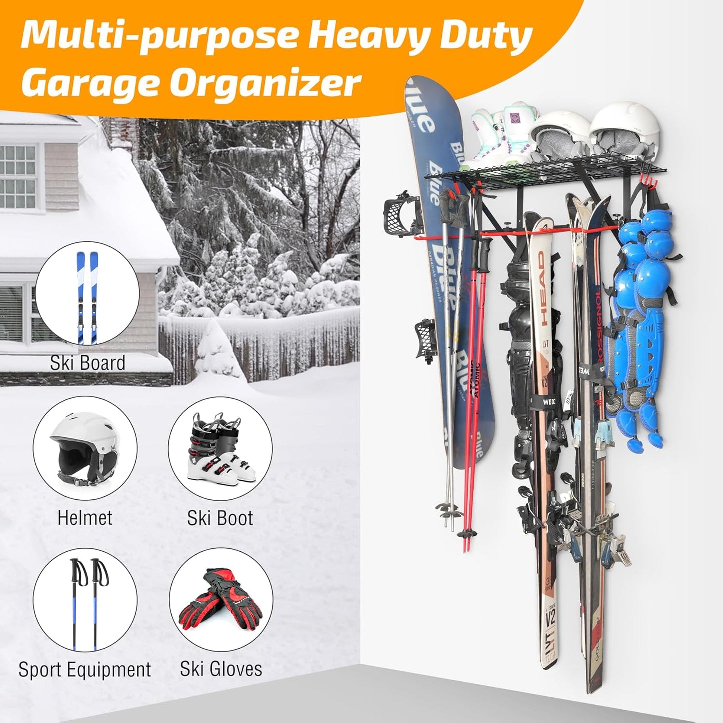 PLKOW Wall-Mounted Ski Rack, Skis Storage Rack for Garage Shed with Top Storage Shelf, Customizable Spacing, Supports Up to 280 lbs, Steel, 1-Pack