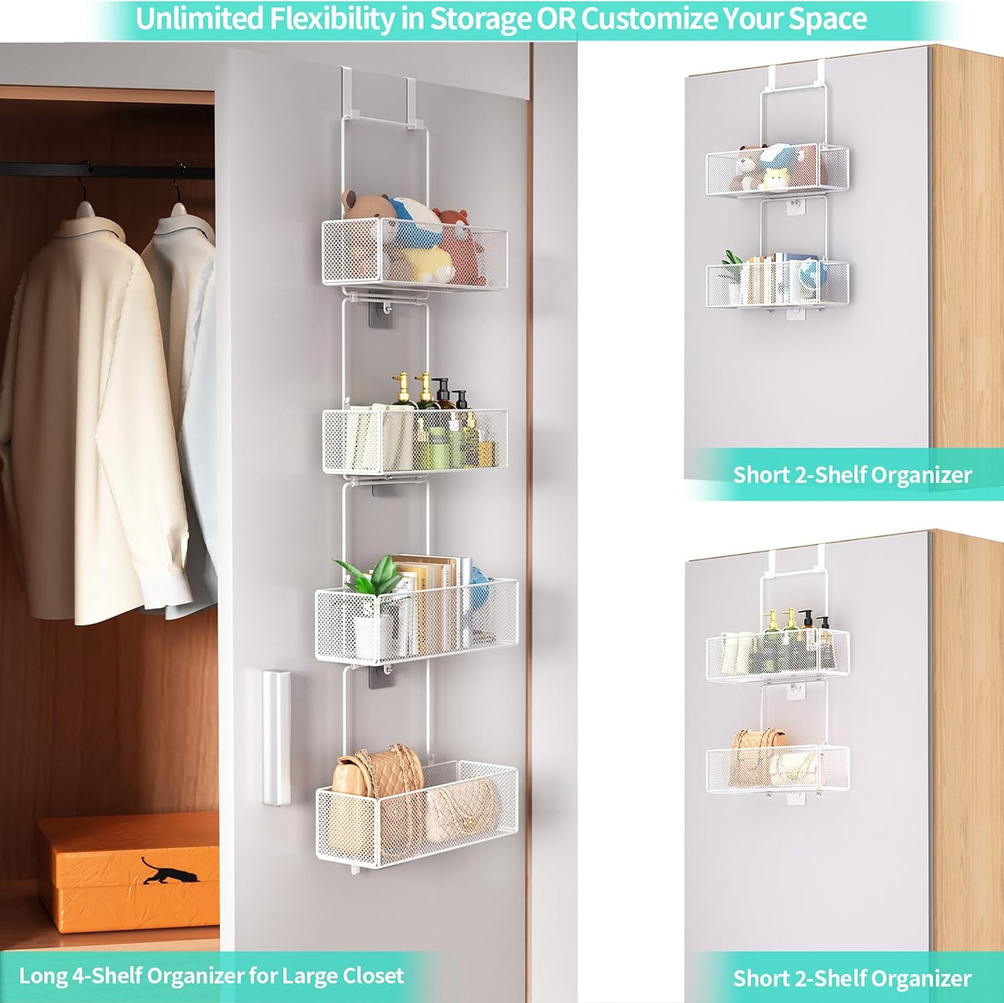 HapiRm Over Door Organizer Storage - Separable Door Organizer Hanging with 4 Metal Large Capacity Baskets for Bathroom Bedroom Kitchen Pantry Closet (White)