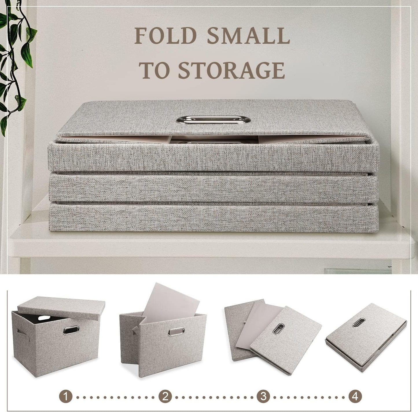 Medium 15" 21 Quart Collapsible Stackable Storage Bins with Lids, 3 Packs Beige Foldable Fabric Closet Boxes Heavy-duty Linen Cube Baskets Container for Bedroom Office (15 x 11 x 8)