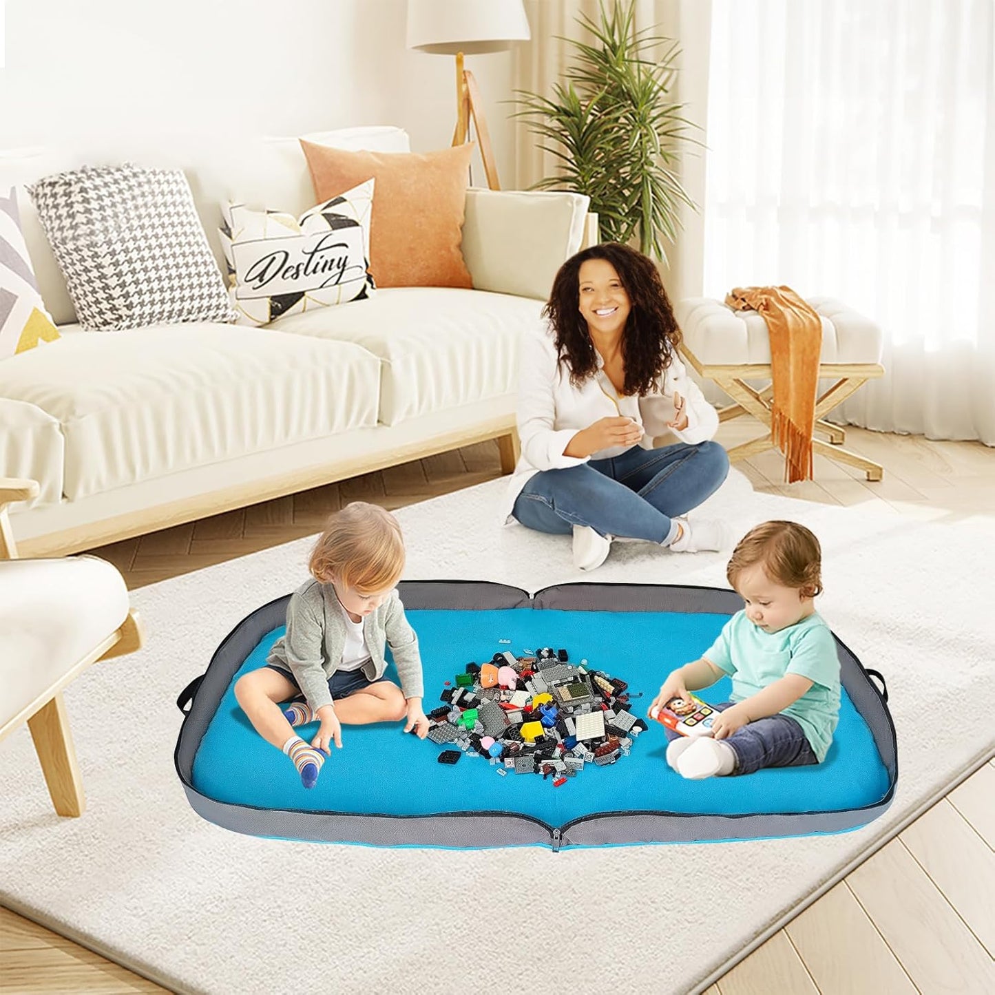 Toy Storage Organizer & Play Mat for Building Bricks & Blocks - Toy Storage Bags Play Mat with Zipper - Easy to Keep The Kids Rooms Neat & Tidy - 45 Inches Large Size - Blue