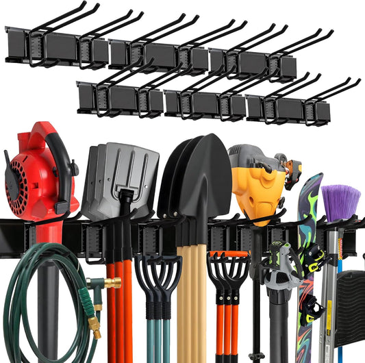 TIDYME Garage Wall Organizer | 96" Heavy-Duty Tool Storage Rack | Adjustable Double-Layer Hooks | 600 lbs Capacity | Carbon Steel Wall Mount Holder for Shovels, Rakes, Ladders & Power Tools