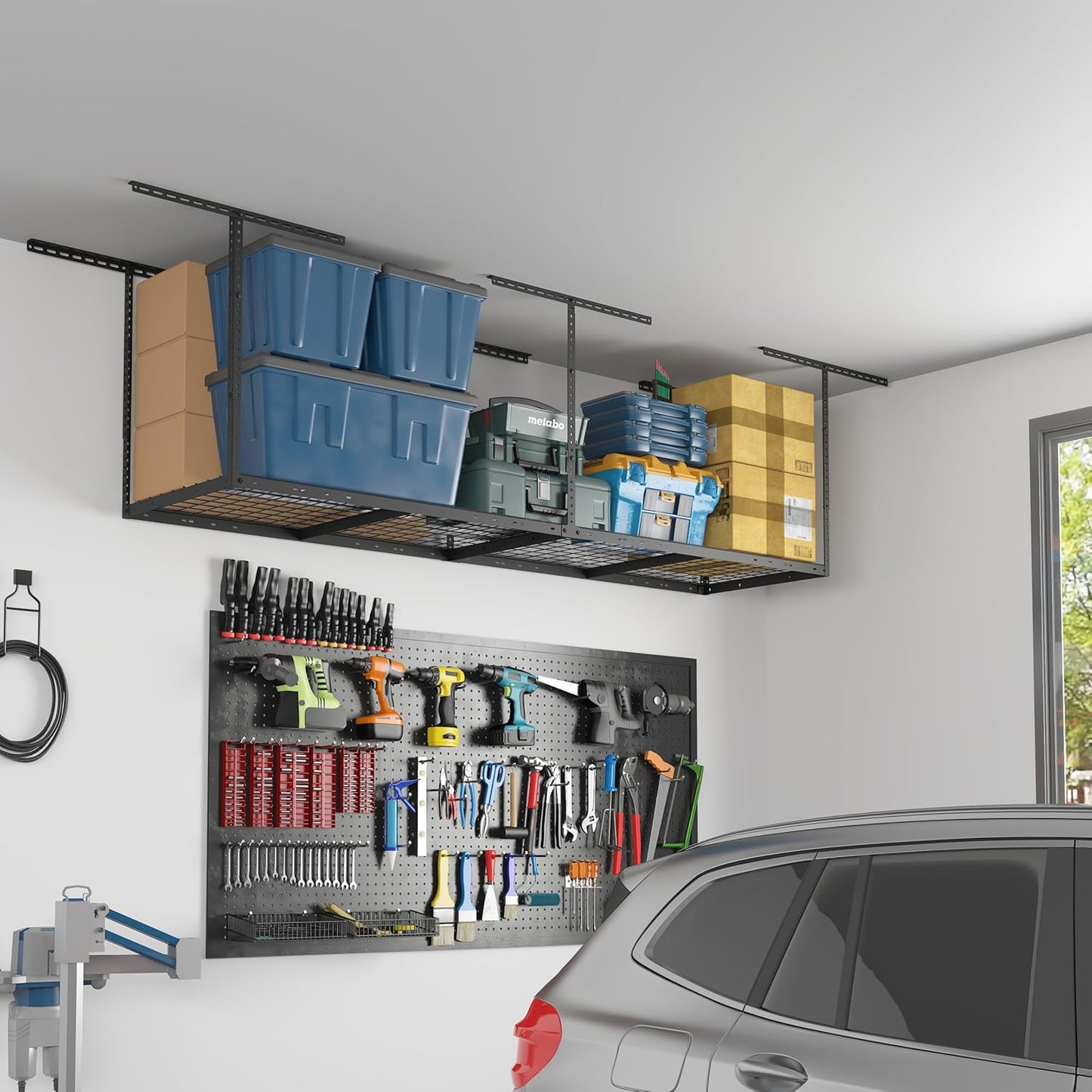 FLEXIMOUNTS 2x8 Garage Storage Rack, Adjustable Overhead Storage Organization System, Heavy Duty Metal Ceiling Rack, 400lbs Weight Capacity, Black, Classic Series