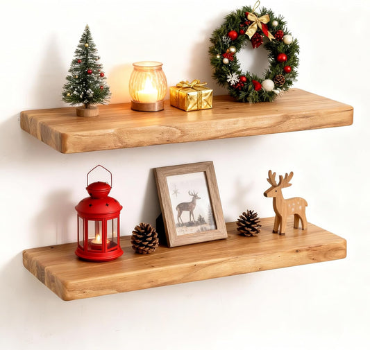 Fun Memories Rustic Solid Elm Wood Floating Shelves, 18" W x 8" D Floating Shelf Wall Mounted, 8 Inch Deep Wall Shelves, Wooden Bathroom Shelf for Home, Deep Bookshelf for Living Room, Set of 2