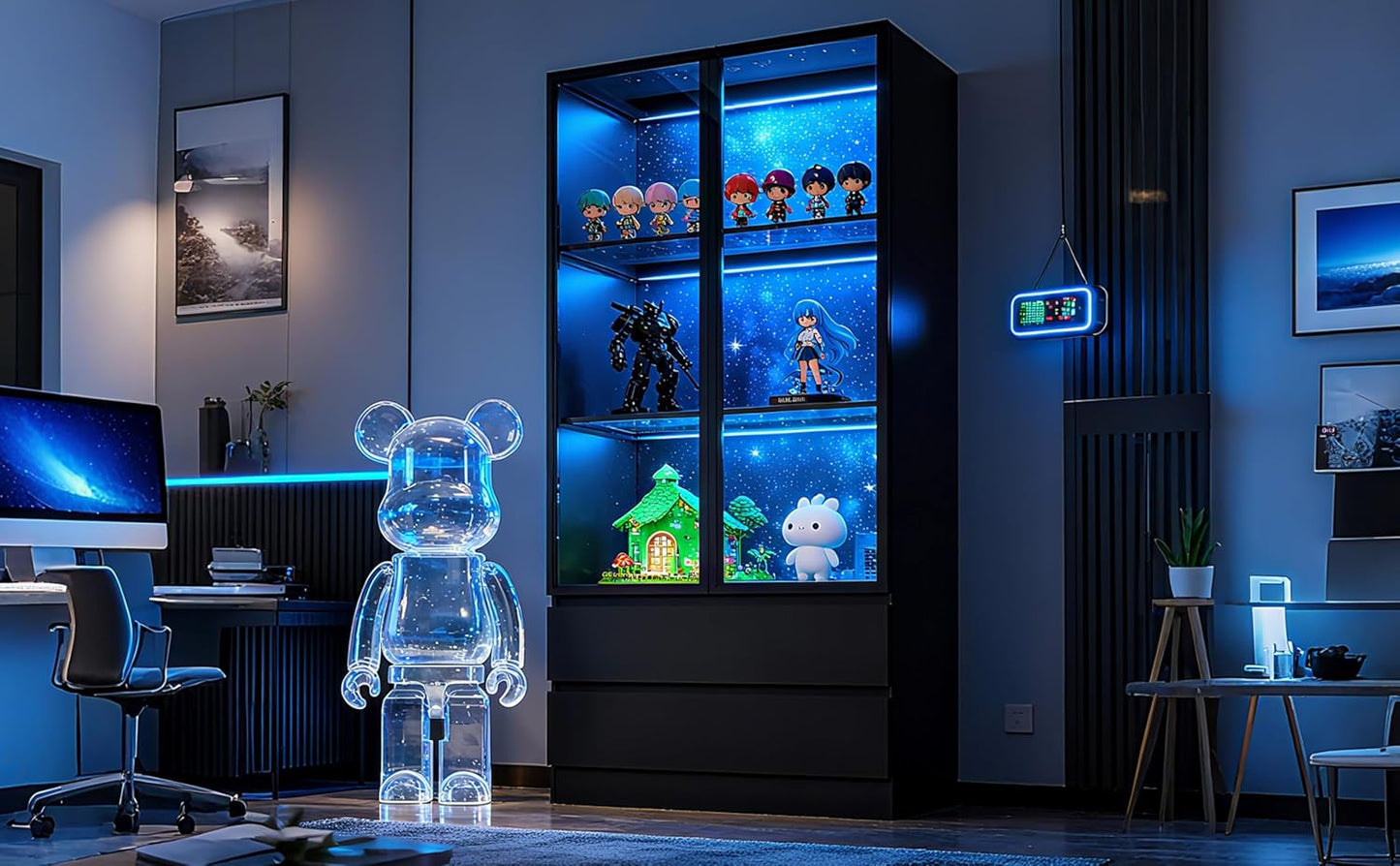 63'' Tall Glass Display Cabinet with LED Lights & 2 Drawers,Showcase with Glass Doors,4-Tier Curio Cabinet for Collectibles Bookcase,Storage Shelf, Bookcase(Black- 2 Drawers)