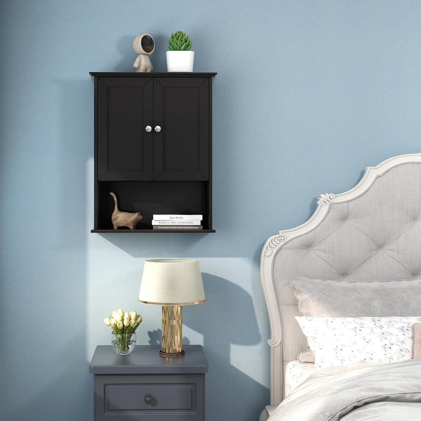 Black Wall Cabinet 24x30 Inch Wooden Over The Toilet Storage Cabinets with 2 Doors, Above Toilet Storage Medicine Cabinets for Bathroom Laundry Room Bedroom Kitchen