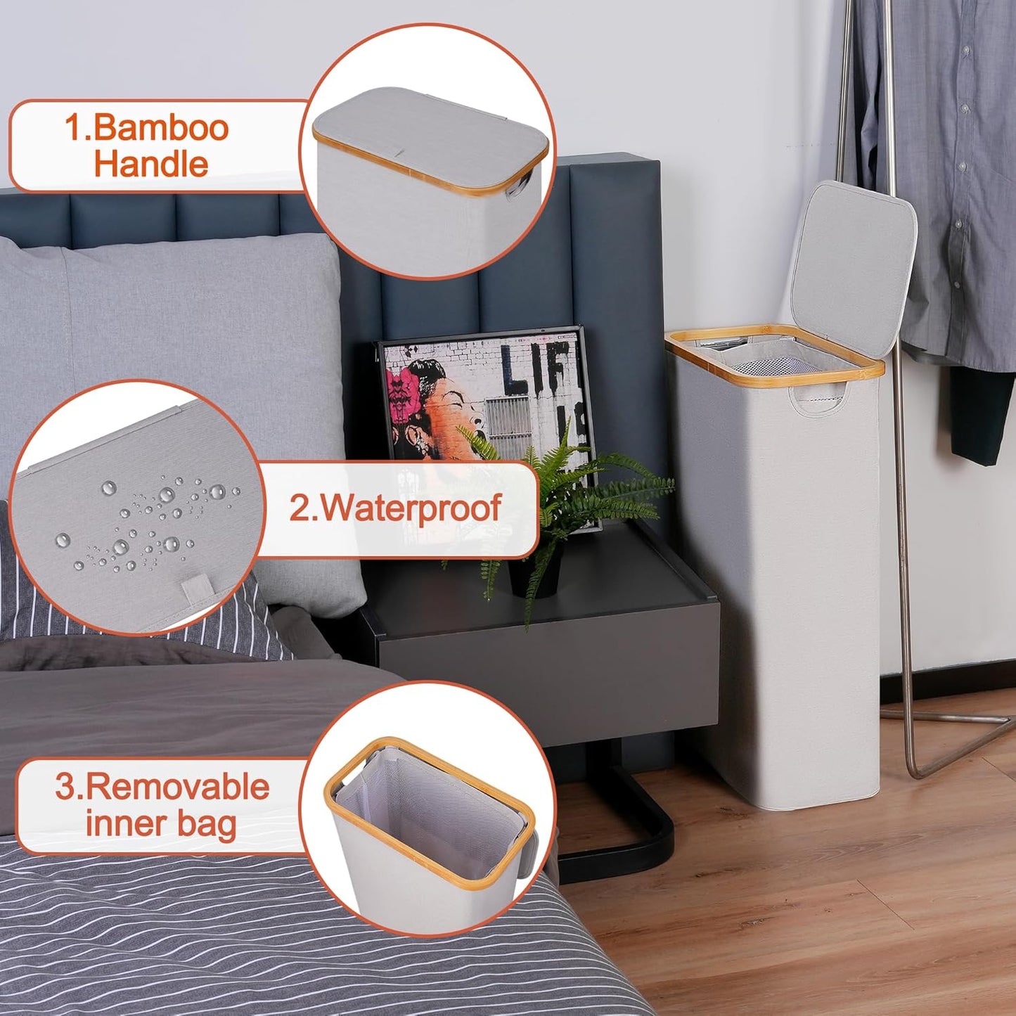 efluky Slim Laundry Hamper with Lid, Narrow Laundry Hamper with Removable Bag, Collapsible Dirty Clothes Basket with Handles for Bathroom, Bedroom & Laundry Room, 75L Light Grey