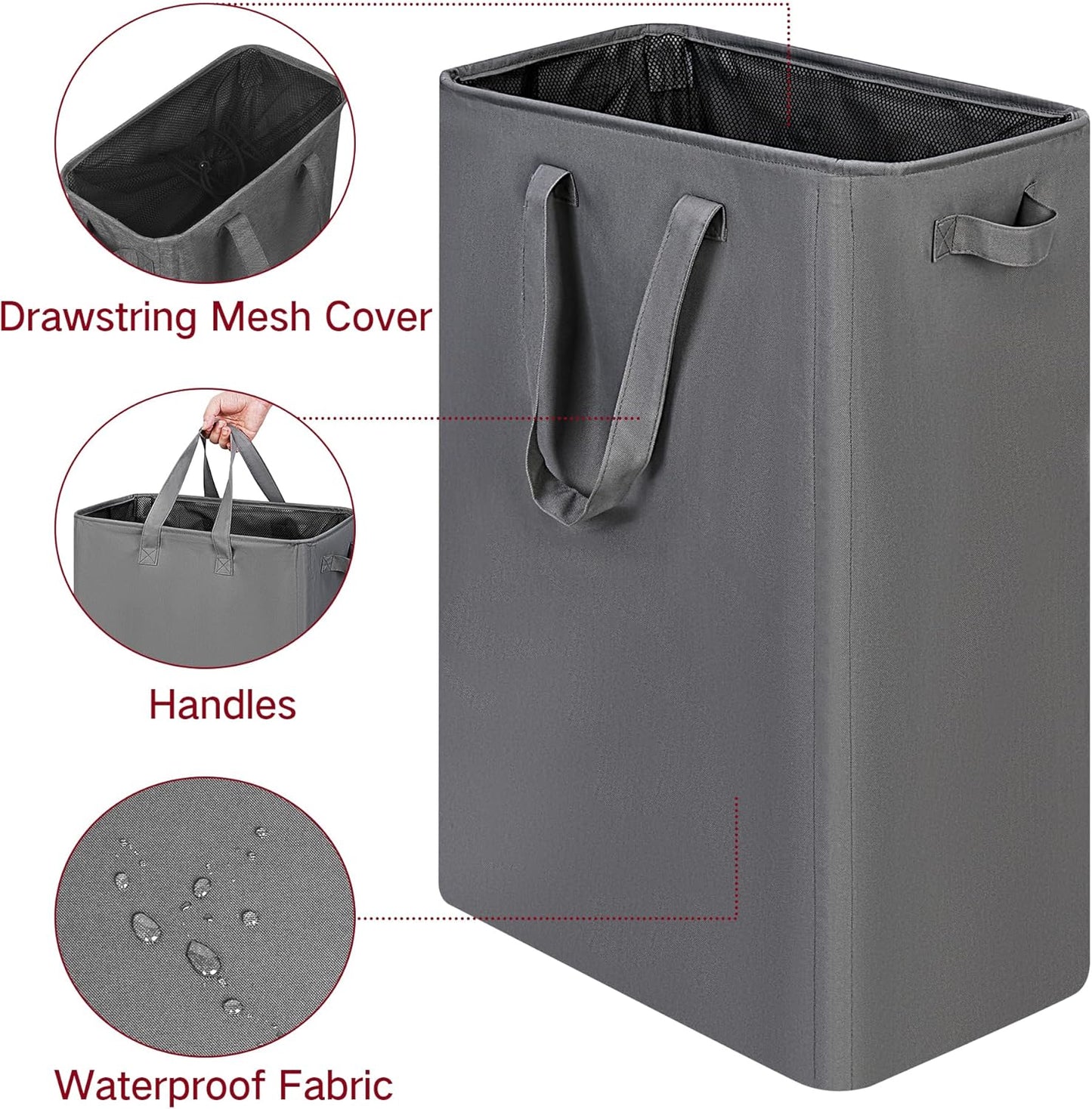 efluky Slim Laundry Basket, Narrow Laundry Hamper with Handles, Collapsible Dirty Clothes Hamper, Tall Laundry Bin for Laundry Room, Dorm and Bedroom, 19.8 Gallon (75L) Grey