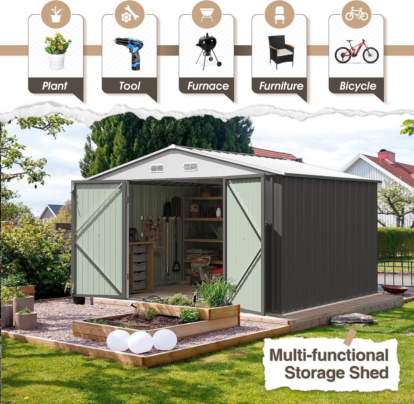 Furniwell 10x8 FT Outdoor Storage Shed, Metal Garden Sheds Outdoor Storage House with Single Lockable Door for Backyard Patio Lawn, Gray