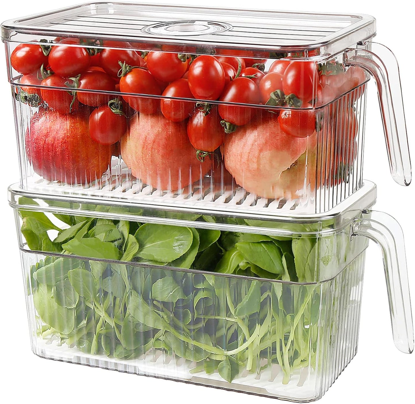 Loobuu 2 Pack Plastic Food Storage Produce Containers for Fridge, Stackable Lettuce Keeper for Refrigerator with Removable Drain Tray Keep Fresh for Vegetables/Fruit/Berry/Salad - 10'' x 5.3'' x 5.2''