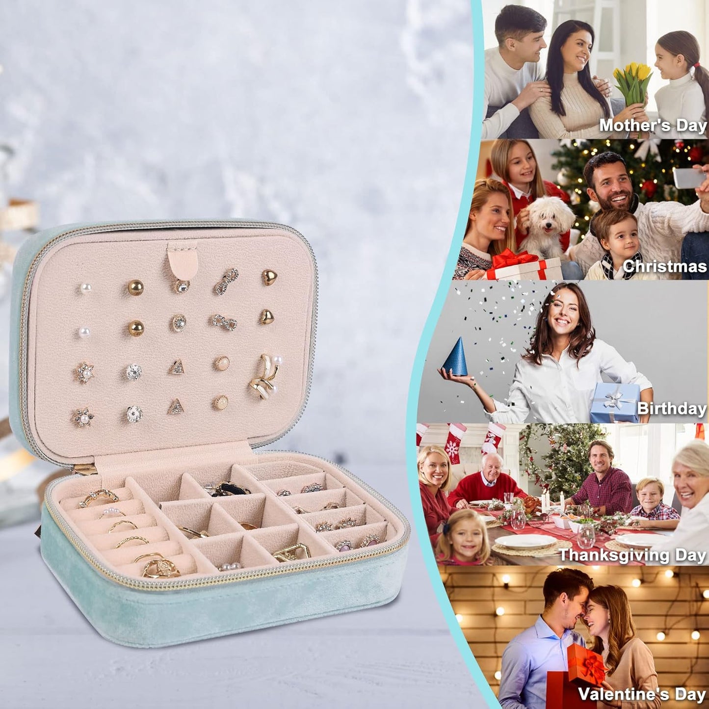 Dajasan Velvet Jewelry Boxes, Mini Travel Jewelry Case, Small Portable Travel Jewelry Organizer Box for Earrings Bracelets Rings Necklace (Cyan Blue)
