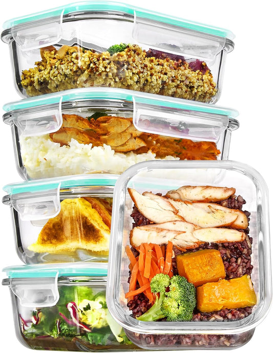Vtopmart 5Pack 22oz Glass Storage Containers with Lids, Glass Meal Prep Food Container Sets with Snap Airtight Lids for Microwave, Oven, Freezer and Dishwasher, Green