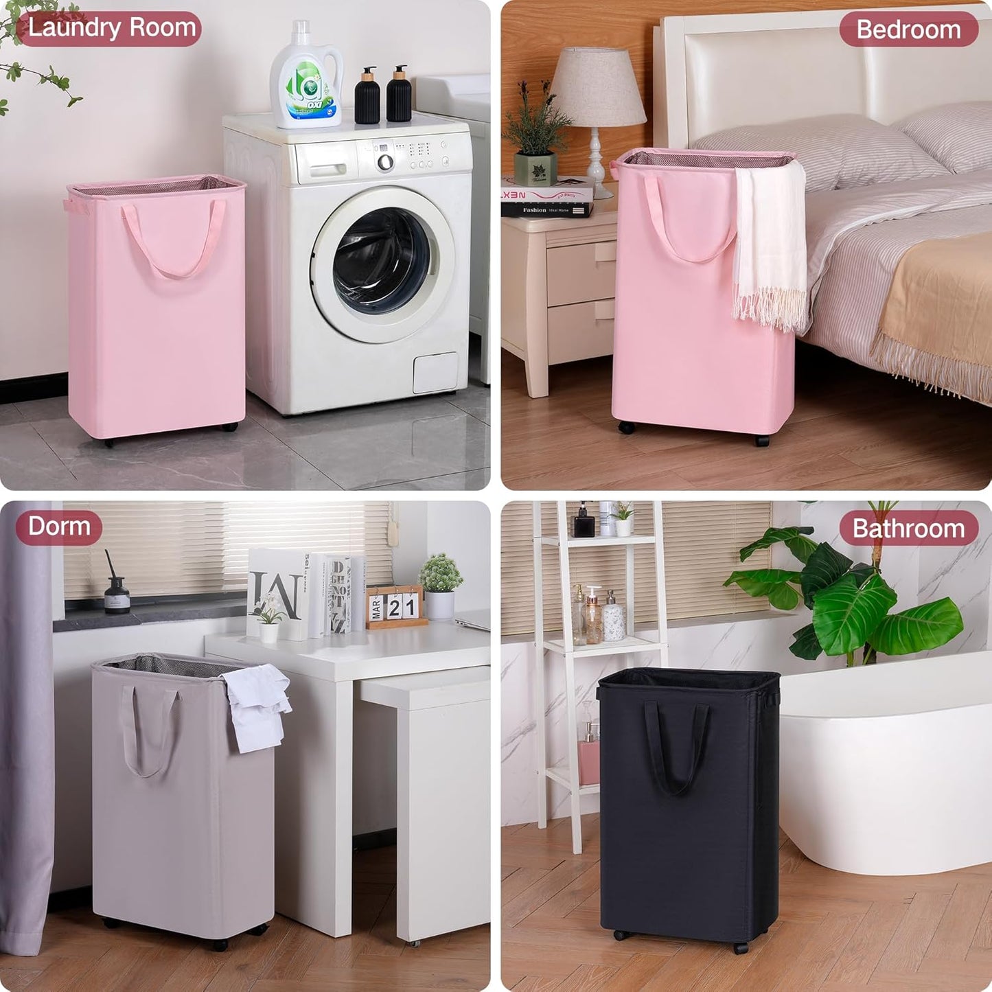 efluky Slim Laundry Hamper with Wheels, Rolling Laundry Basket for Clothes, Small Laundry Basket for Bedroom, Dorm and Laundry Room, 75L (19.8 Gallons) Pink