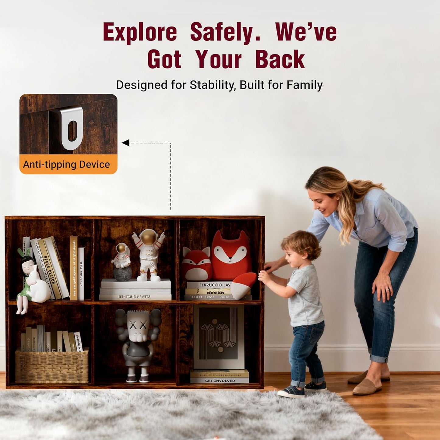 Book Shelf, Wooden Cube Storage Organizer with 11" Open Cubes, Stackable Bookcase for Room Divider Storage, 2 Tier Bookshelf for Living Room, Bedroom, Office (Indonesian Antique Oak, 6-Cube)