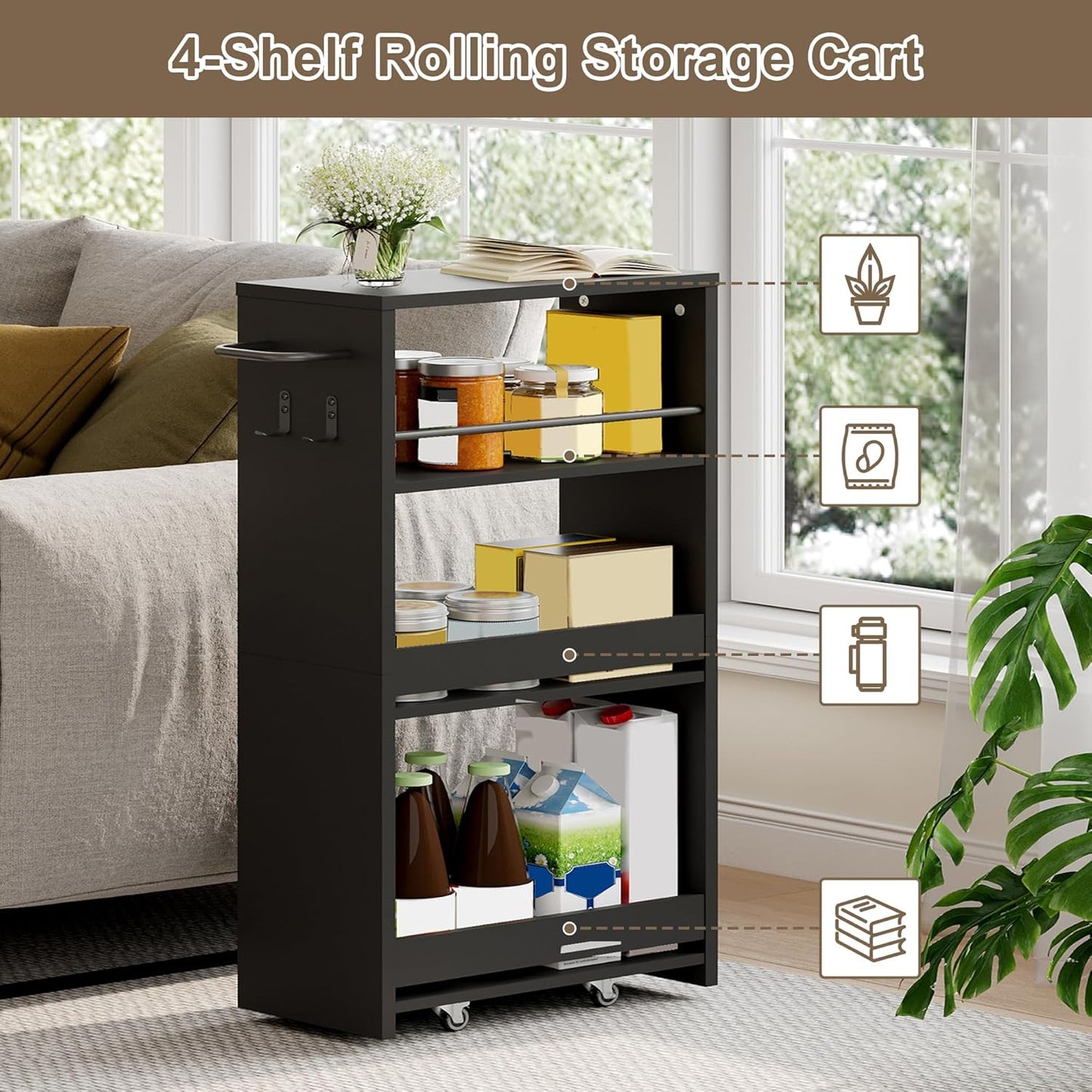 ChooChoo 4-Tier Slim Storage Cart with Handle, 7.87" W Rolling Utility Cart on Universal Wheels, Kitchen Cart Mobile Shelving Organization for Laundry Room, Bathroom & Narrow Places, Black
