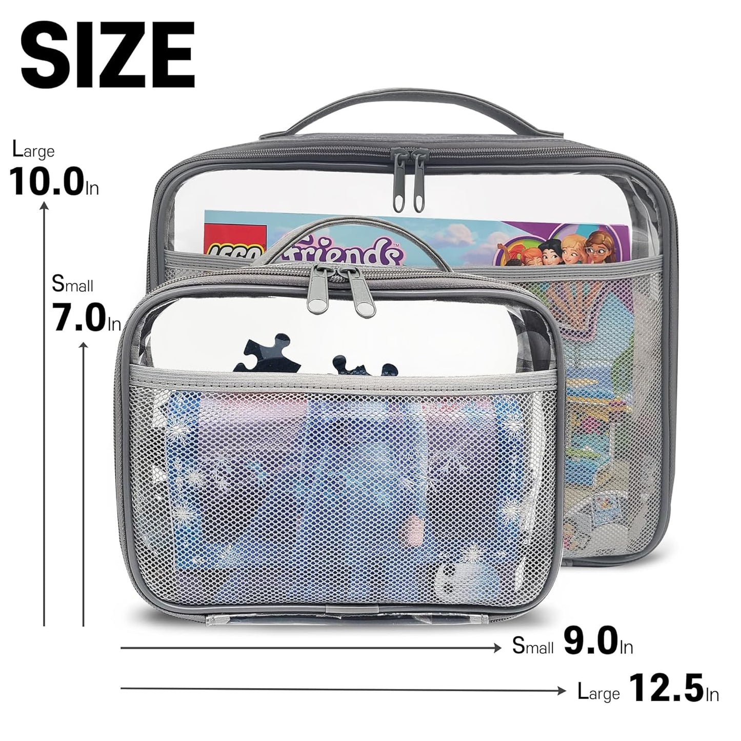 holay 4 Packs PVC Zippered Blocks Set, Toy, Clay, Board game Storage Organizer Case (Name Tag, Manual Pocket) (Gray, Small)