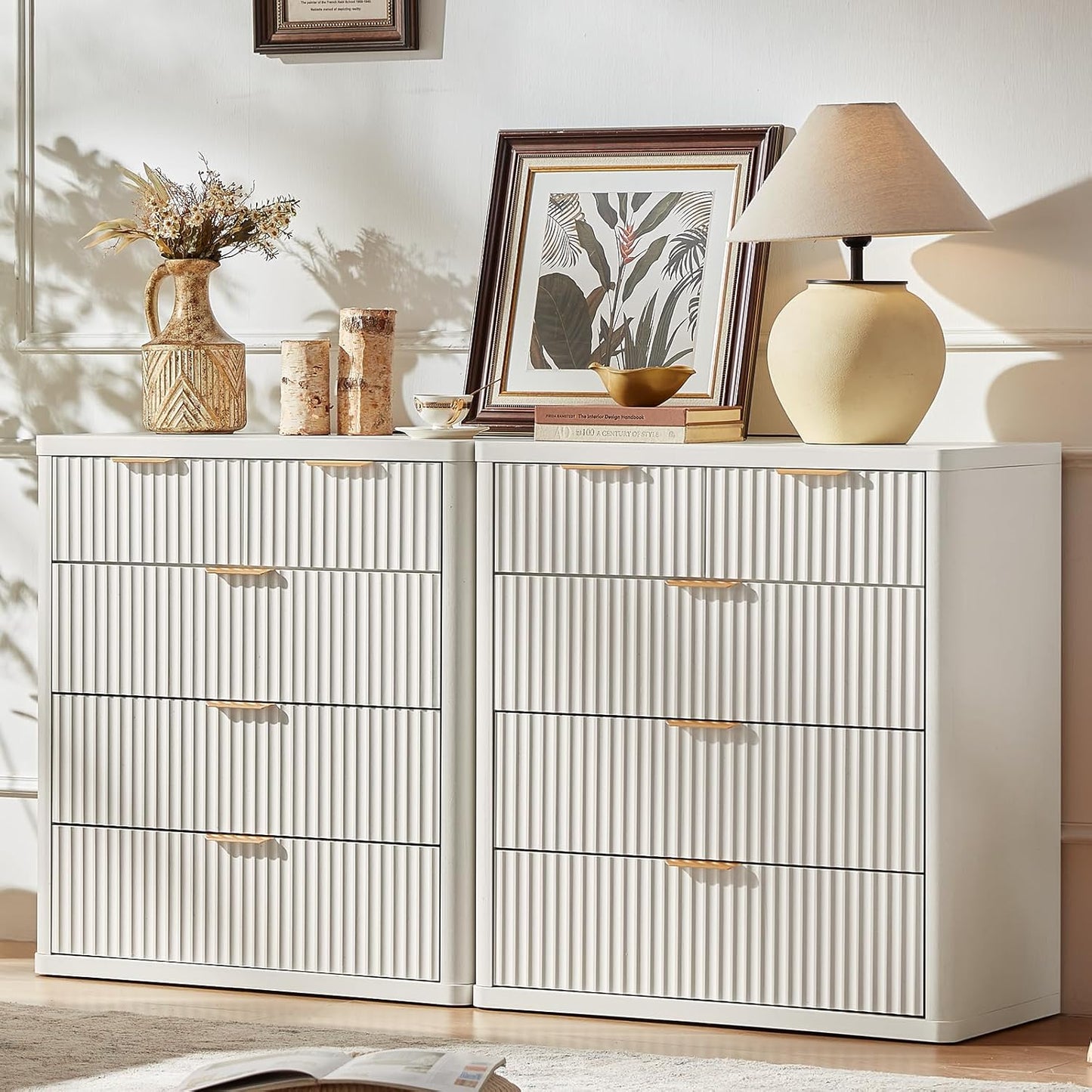 LEYAOYAO Fluted 5 Drawers Dresser for Bedroom Set of 2, 34" Tall Modern Chest of Drawers with Metal Handle, Curved Profile Design,White Wood Drawer Organizer for Bedroom, Living Room, Hallway