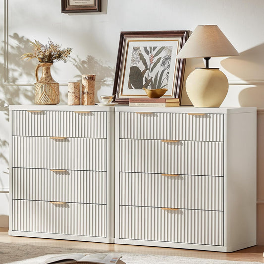 LEYAOYAO Fluted 5 Drawers Dresser for Bedroom Set of 2, 34" Tall Modern Chest of Drawers with Metal Handle, Curved Profile Design,White Wood Drawer Organizer for Bedroom, Living Room, Hallway