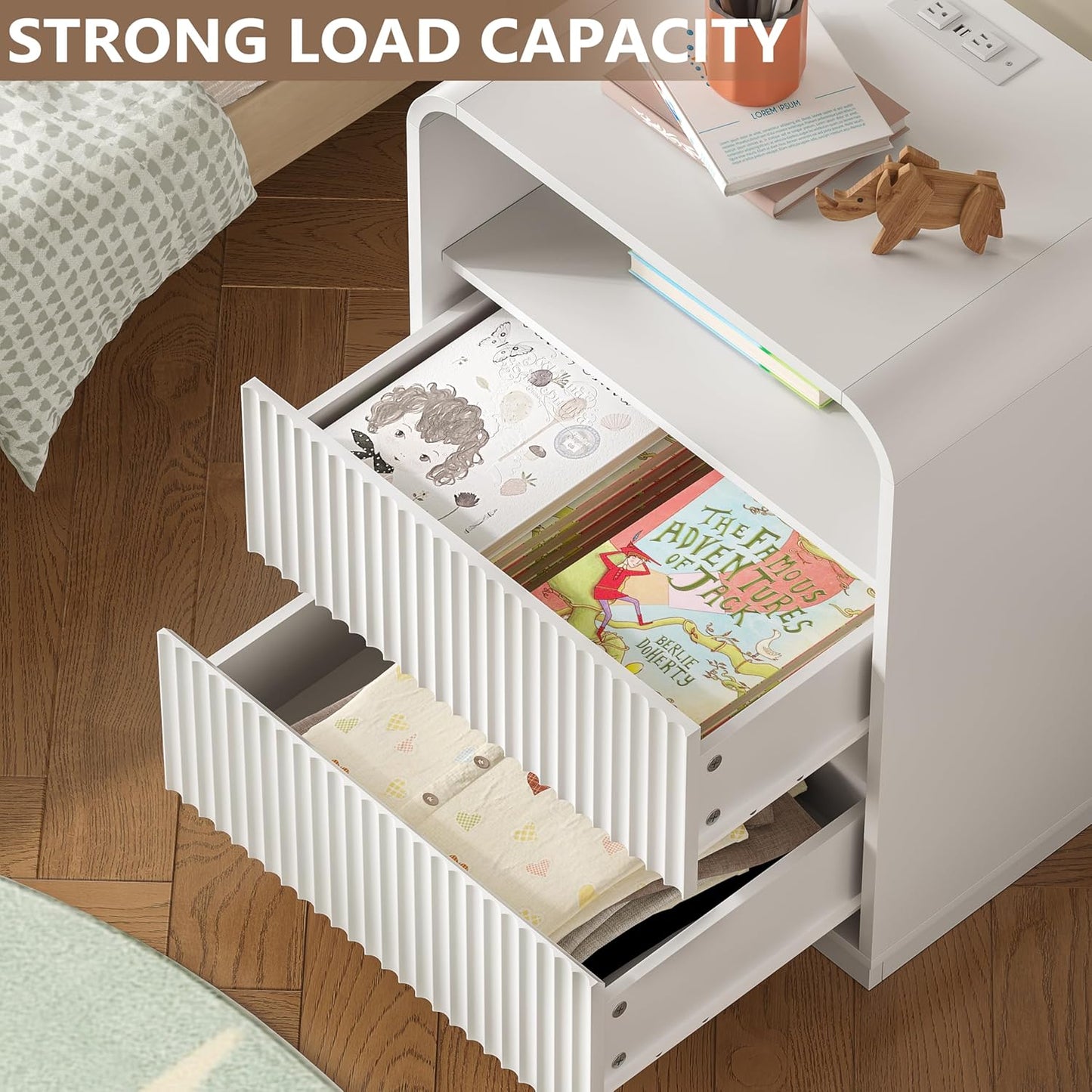 Dresser with 2 Drawers and Charging Station, Fluted Bedside Table with Round Curved Corner, Hidden Handles, 2 AC Outlets and 2 USB Ports, Modern Wood End Table with Open Shelf for Bedroom