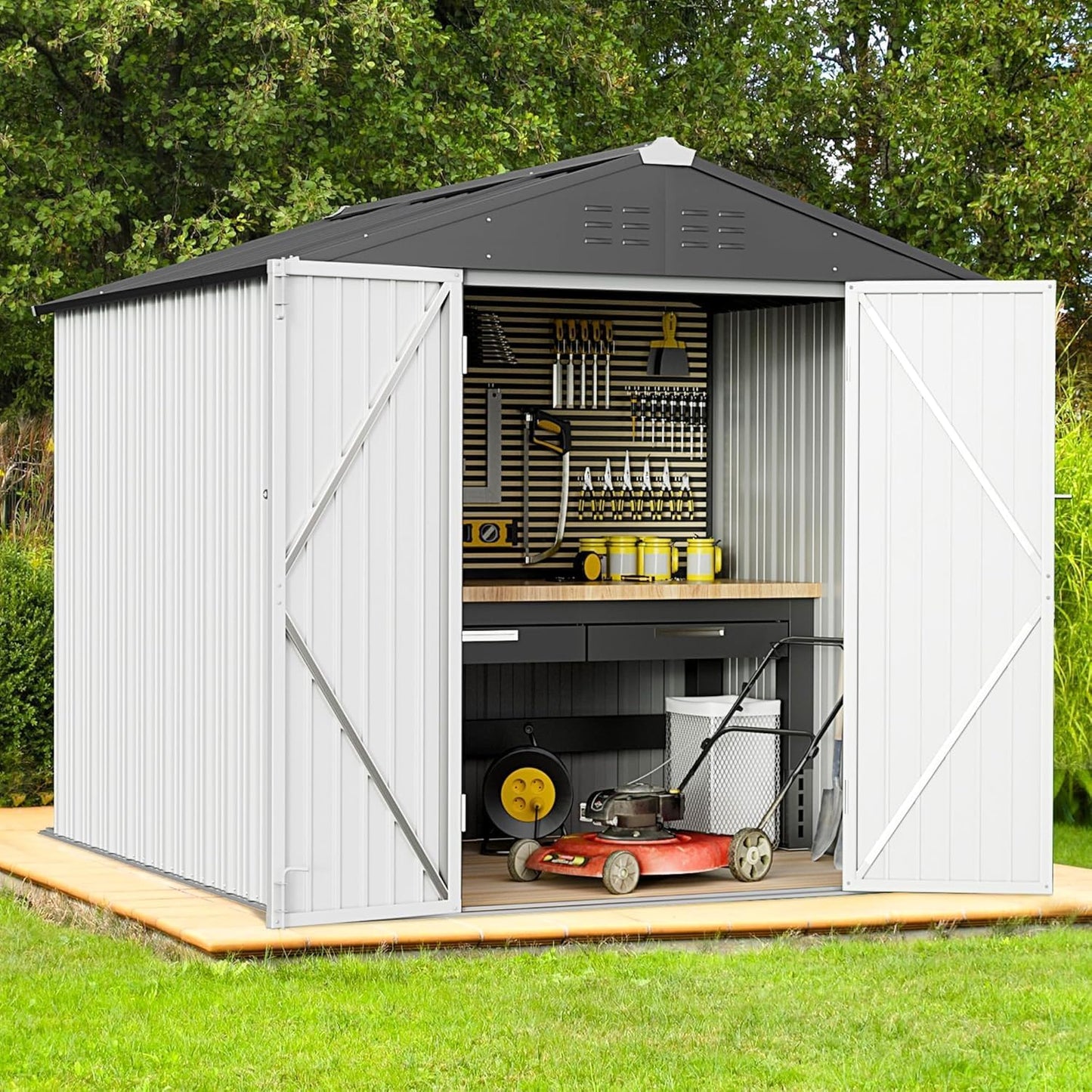 Greesum 6x4FT Outdoor Storage Shed, Utility Tool Shed Metal Storage Garden Shed with Door & Lock for Patio Storage, White