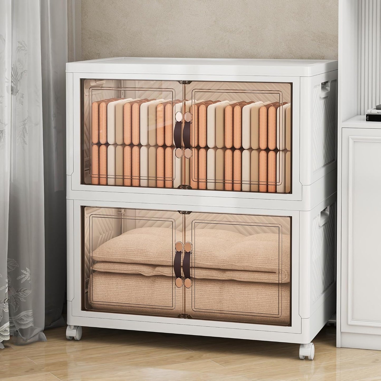Storage Bins with Lids and Wheels, Collapsible Bathroom Storage Cabinet with Clear Doors, Plastic Stackable Closet Organizers and Storage Containers White 314 QT