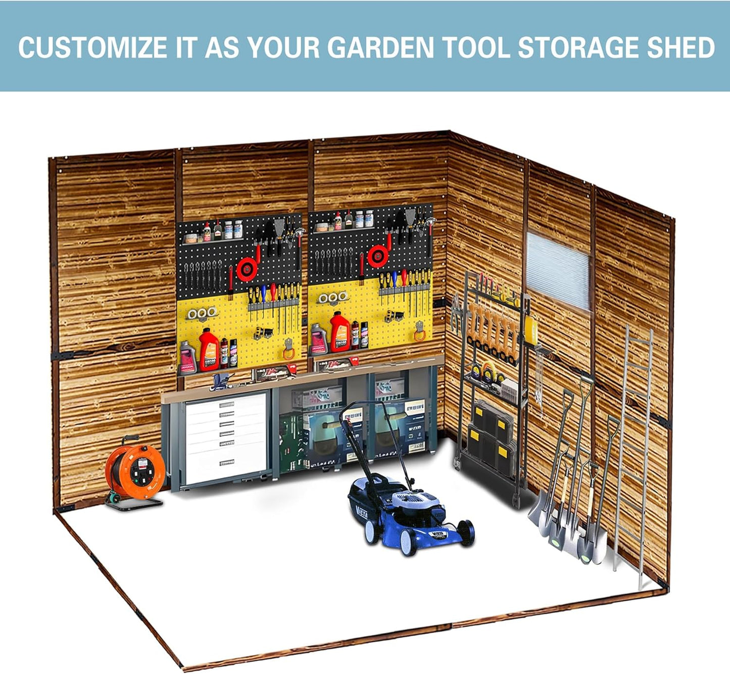 8x6 Ft Outdoor Storage Shed with Windows, Wood & Metal Tool Shed Waterproof Storage House for Outside Patio, Garden and Backyard, 4 Vents (Without Floor) Wood Color