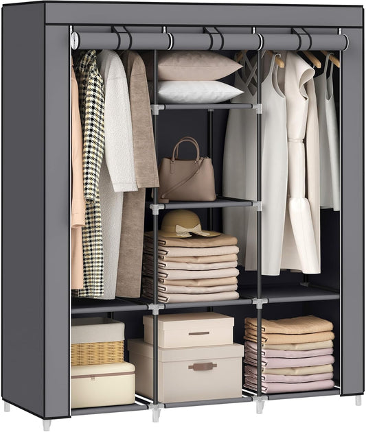 SONGMICS Portable Closet, 51.2 Inch Large Capacity Wardrobe Closet Organizer with Fabric Cover, Hanging Rods and Shelves, 51.2 x 17.7 x 66.1 Inches, for Bedroom, Living Room, Dove Grey URYG096G01