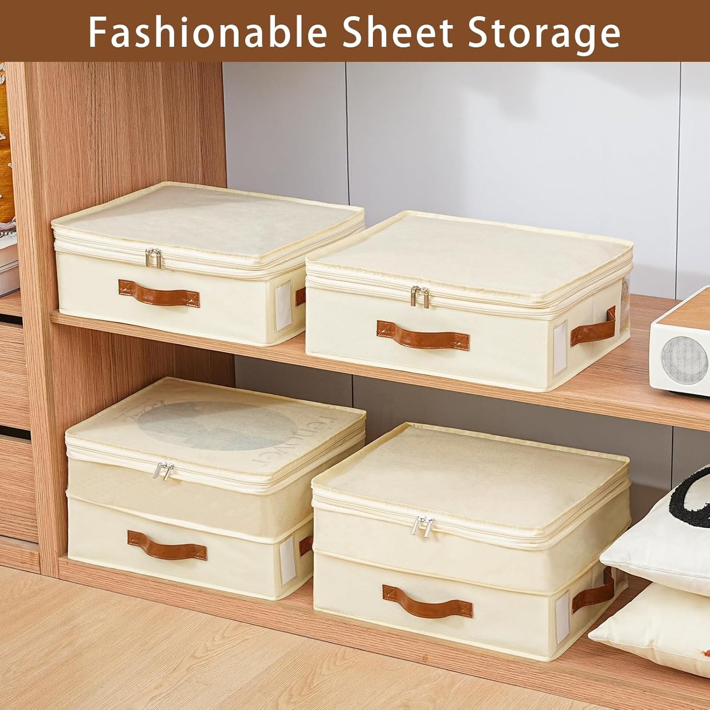 Bed Sheet Organizers and Storage, 4 Pack Linen Closet Organizers with Adjustable Zipper, Foldable Bedding Storage for Queen or King Size Bedsheets, Duvet Covers and Pillows