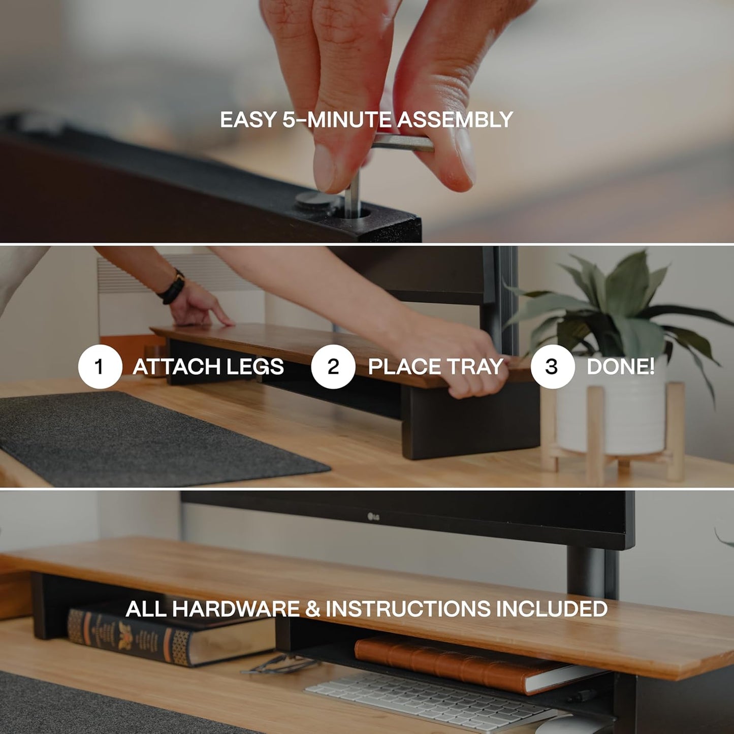 Solid Wood Dual Monitor Stand Riser – 43" Oak Desk Shelf for 2 Monitors with Tray & Wool Felt, Organizer for Desktop, Laptop and Office (Solid Oak)