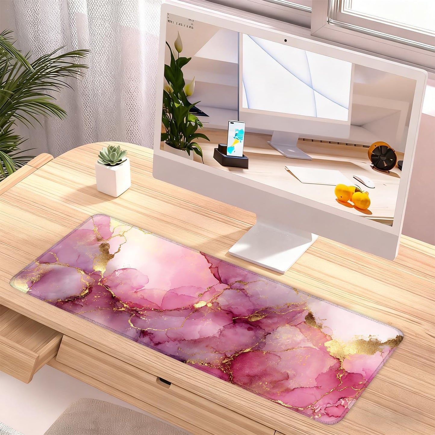 Pink Marble Ink Mouse Pad – Large Extended Desk Mat 31.5 x 11.8 in– Elegant Watercolor Gold Foil Design, Waterproof Surface, Non-Slip Rubber Base, Keyboard & Mouse Pad for Office or Gaming