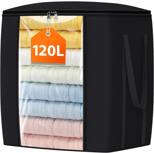120L Extra Large Clothes Storage Bags, Foldable Blanket Storage and Organization, Thick Fabric Containers with Reinforced Handles & Zippers for Clothing, Comforters, Bedding, Black, 1 Pack