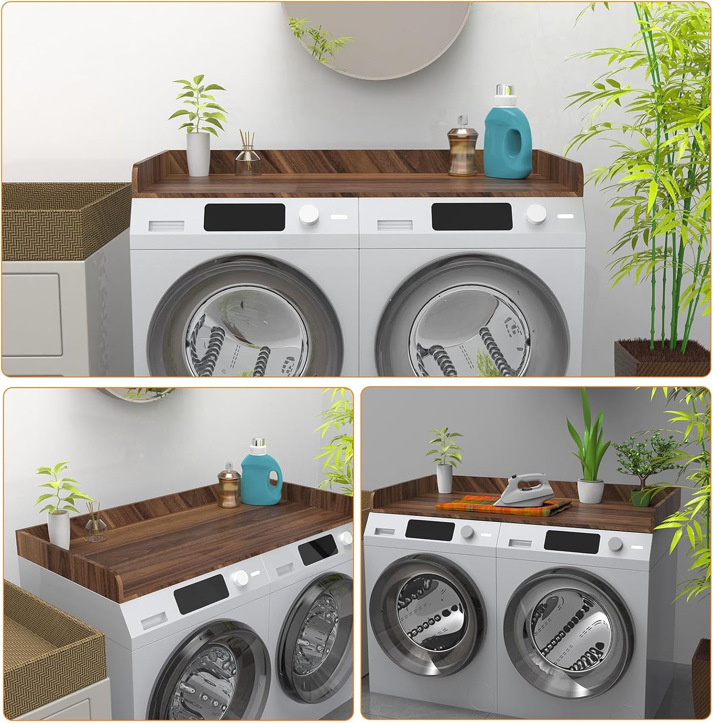 Washer Dryer Countertop, Laundry Room Wood Countertop with Edge, 54" x 27.5" Top Cover for Laundry Machine, Washer and Dryer Wood Shelf Topper for Laundry Room Counter Storage Organization, Walnut