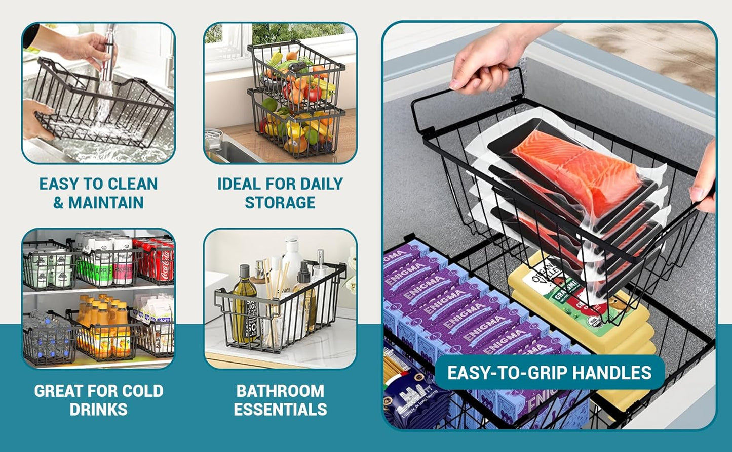 Freezer Organizer Bins with Foldable Handle, 4 Pack Stackable Freezer Baskets Deep Chest Freezer Organization, Black Metal Freezer Storage Bins Space Utilization Bins