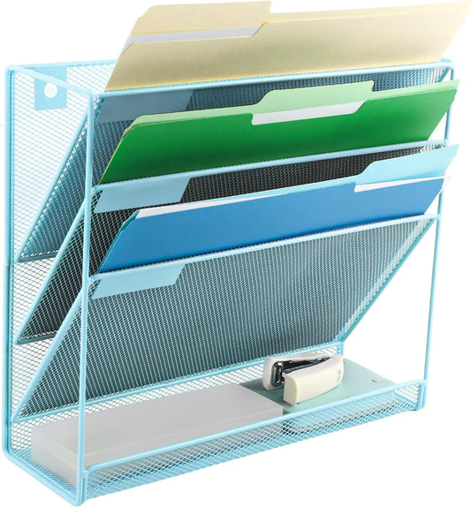 EASEPRES Desk File Organizer Mesh 4-Tier, Hanging Wall Mount Document Organization Stand, Desktop Vertical Mail Paper Folder Holder Rack with Bottom Tray for Office Home Cubicle Countertop, Blue